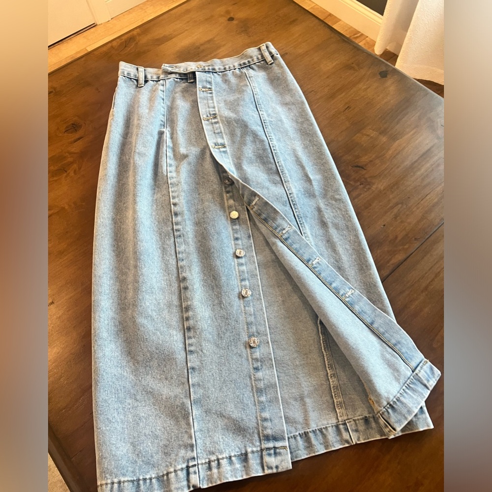Button front long denim skirt
